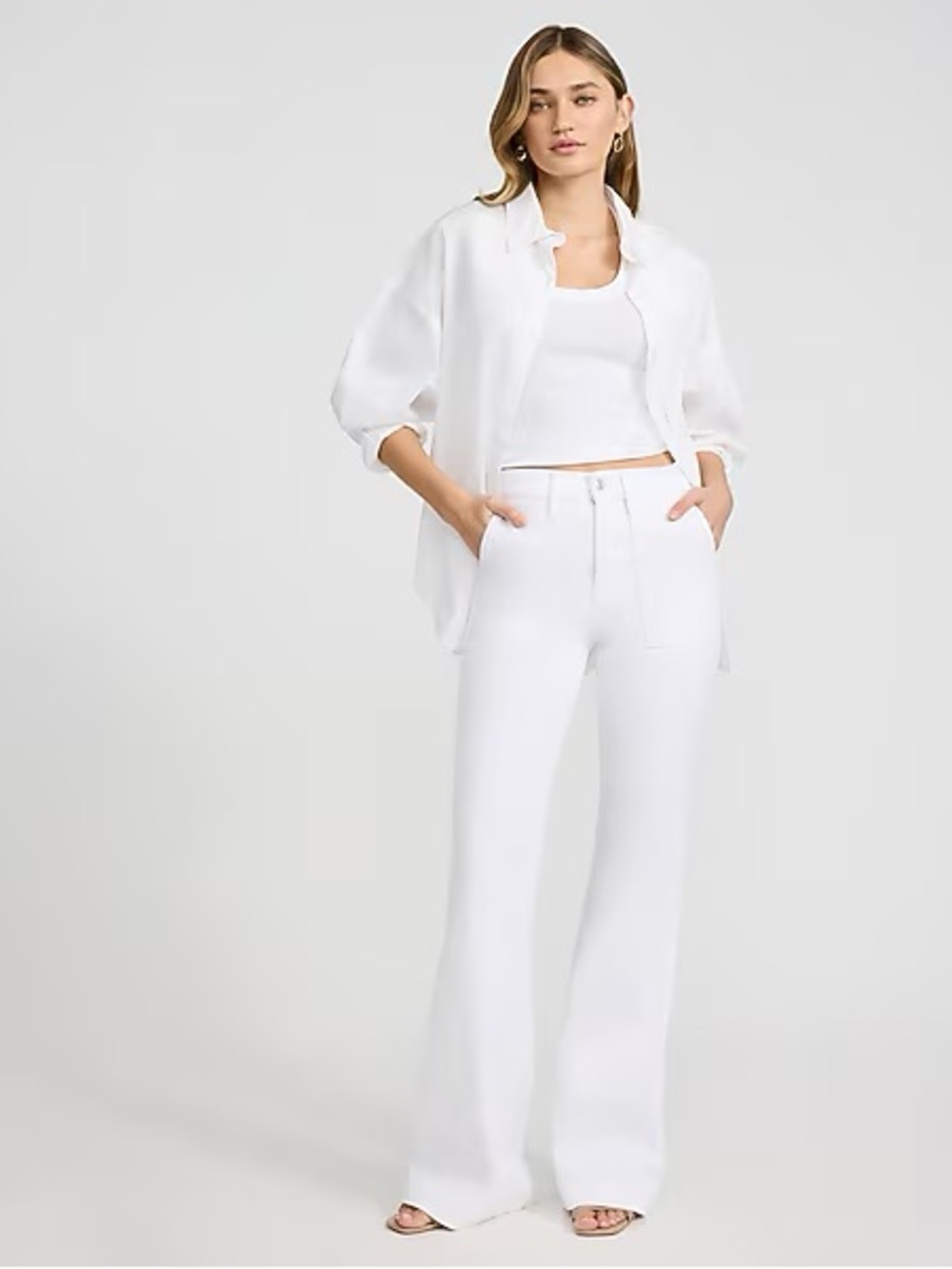 Express High Waisted White Patch Pocket '70s Flare Jeans